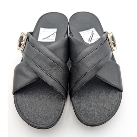 FitFlop LULU Crystal Buckle Leather Cross Slides Sandals Black Size US9 EU41 - Picture 9 of 15